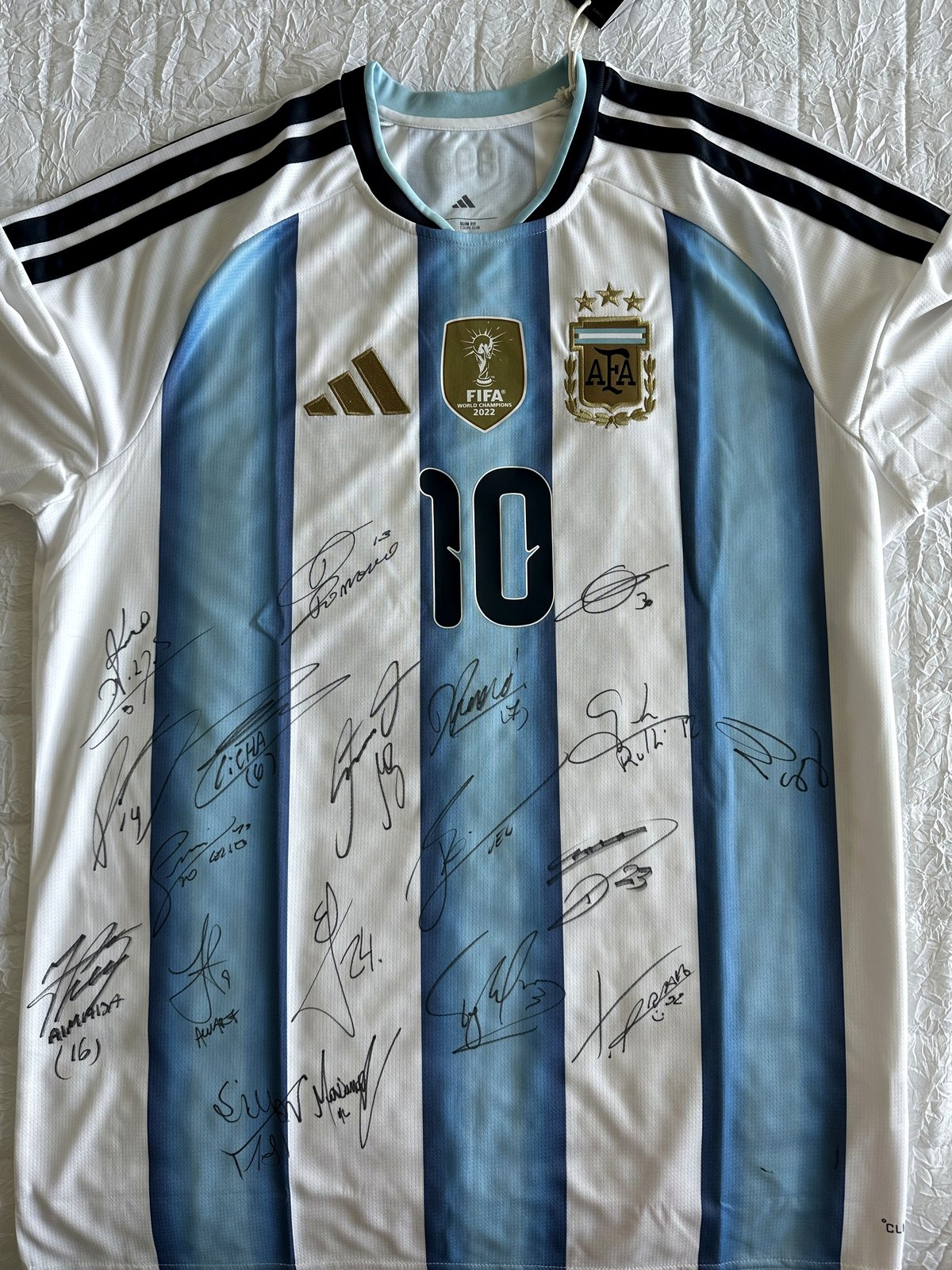 Detalle de la camiseta de la Selección con las firmas de todo el plantel campeón del mundo